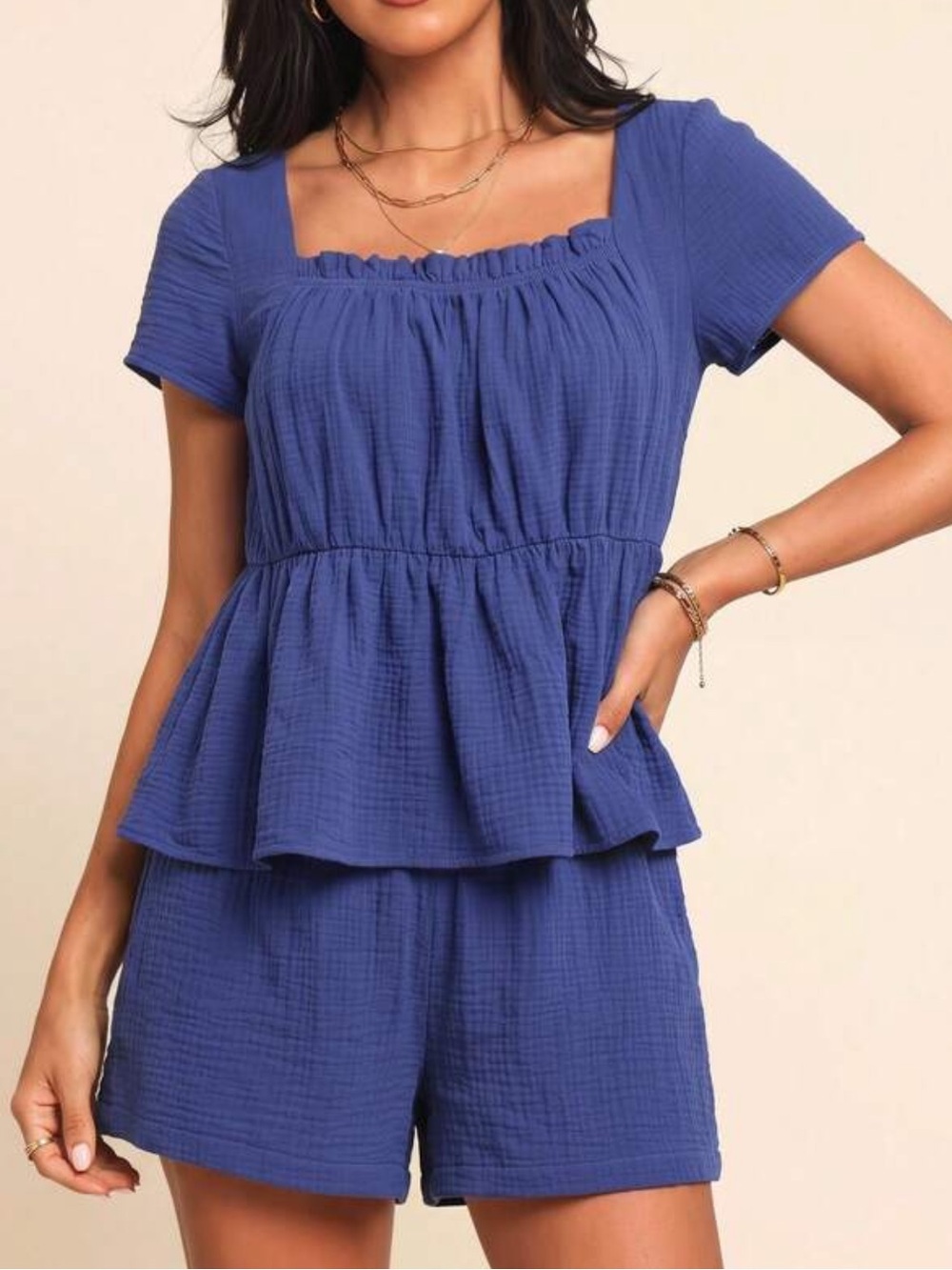 100% Cotton Blue Two-Piece Peplum Top & Shorts Set NWOT